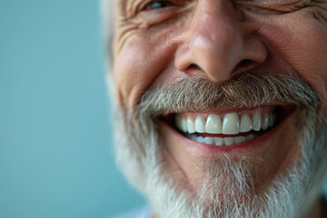 Fototapeta premium Elderly man with white teeth smiling on pastel blue background. Close up portrait of happy emotional bearded man