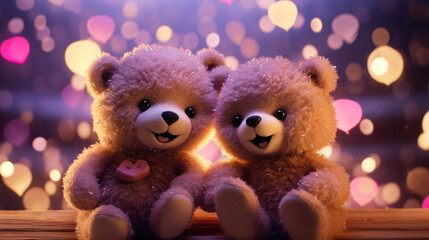 Hyper realistic two super cute teddy bears hugging, papercut hearts, confetti created with Generative Ai