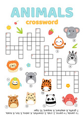 Crossword with animals. English words. Educational puzzle game for kids. Cartoon, vector