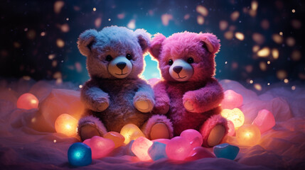 Fototapeta premium Hyper realistic two super cute teddy bears hugging, papercut hearts, confetti created with Generative Ai