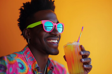Young black man relaxing on the beach a cocktail in a glass. Handsome man happily drinking juice, smiling on a yellow background - obrazy, fototapety, plakaty