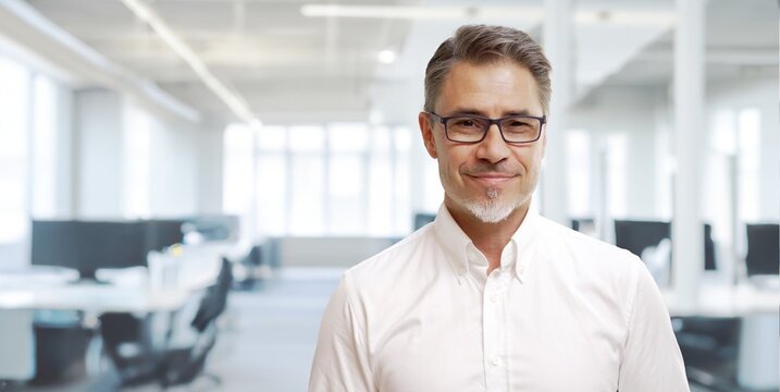 Business portrait - happy confident businessman in corporate office, smiling. Mid adult, mature age man standing, looking at camera. Copy space.