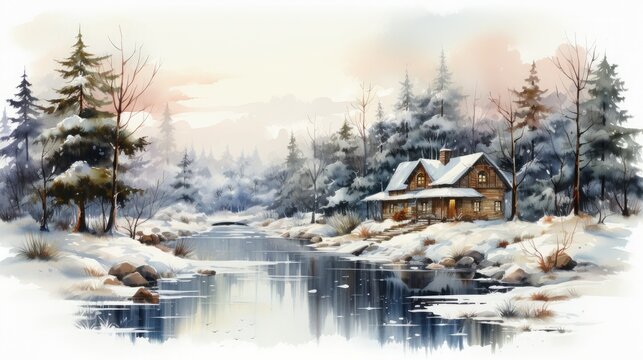 Watercolor winter house with pine tree forest illustration background