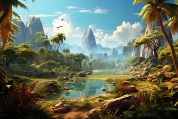 A lush jurassic forest with vibrant greenery, a tranquil lake, and rocky terrain in the wilderness.