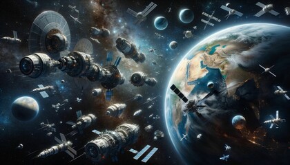 Fototapeta na wymiar A fleet of spaceships flying in space. Space, planet. Wallpaper.