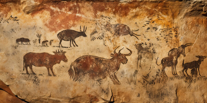 Ancient cave painting on sandstone depicting primitive art, humans, animals, and cultural symbolism.