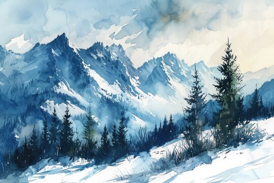 Watercolor winter mountain with pine forest illustration background