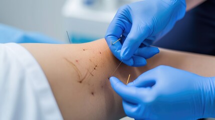 A healthcare professional wearing blue gloves is performing an acupuncture treatment on a patient's knee, which has several marked incision lines, indicating a medical or therapeutic procedure