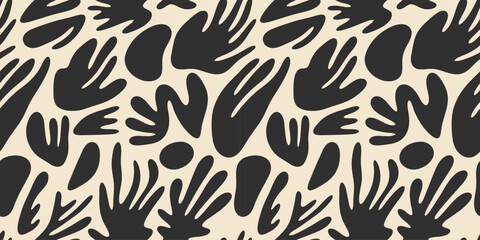 Abstract black and white leaf shape seamless pattern. Trendy contemporary nature art cutout background illustration. Natural organic plant leaves artwork wallpaper print. Vintage summer texture.