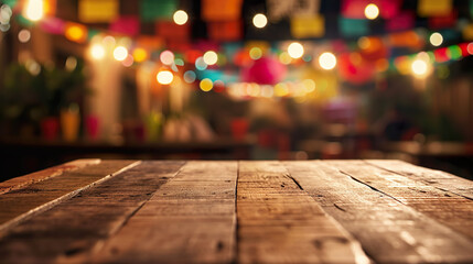 Empty light colored wooden table, Mexican party background, bokeh lights and paper decorations