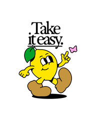 Vintage lemon fruit cartoon character illustration. Trendy retro food mascot typography poster. Groovy motivation quote print drawing in 70s comic art style.