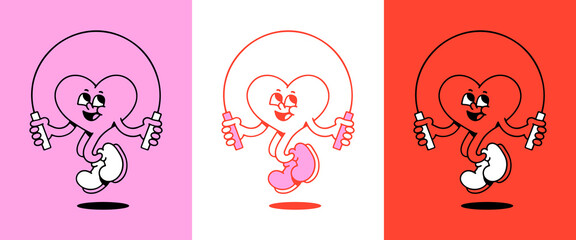 Vintage red love heart cartoon character illustration. Trendy retro romantic mascot jumping rope. Funny groovy 70s comic style poster print set.