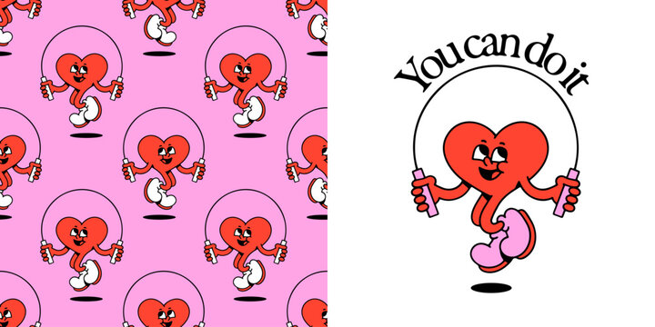 Funny vintage red love heart cartoon character seamless pattern. Retro romantic valentine's day mascot background. Cute cupid jump rope wallpaper print texture.