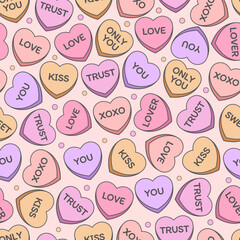 Seamless pattern with sweet heart candy. Set of conversation sweets for valentine’s day.