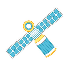 Blue yellow satellite. Satellite with wings. Cartoon, vector