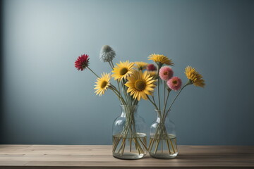  Field flowers in glass vase on wooden table against light blue wall background
