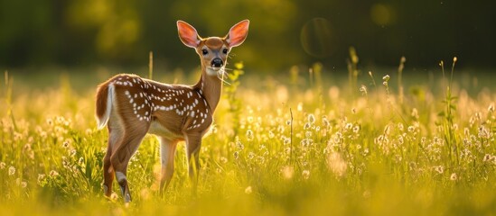 Whitetailed deer fawn in a field during summer. - obrazy, fototapety, plakaty