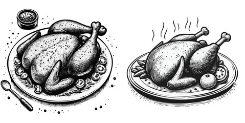 A set of drawings as icons. fried chicken on a plate. Graphics vector graphics.