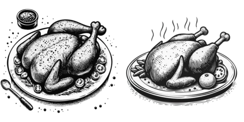 Foto op Plexiglas A set of drawings as icons. fried chicken on a plate. Graphics vector graphics. © Serjio
