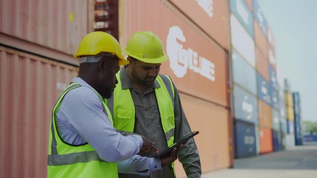 Container transport, container yard management, a businessman and a container yard manager agree to do import-export business together.