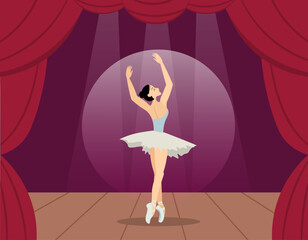 Beauty of classic ballet. An elegant ballerina performs on the theater stage. A classical dancer performs on stage. Ballerina dancing in pointe shoes.