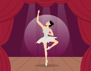 Beauty of classic ballet. The ballerina dances beautifully in the spotlight. A classical dancer performs on stage. Ballerina dancing in pointe shoes.