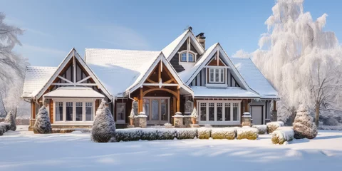 Photo sur Plexiglas Tatras Snow-covered mountain cabin in a winter forest, a rustic retreat with panoramic views - tranquil charm.