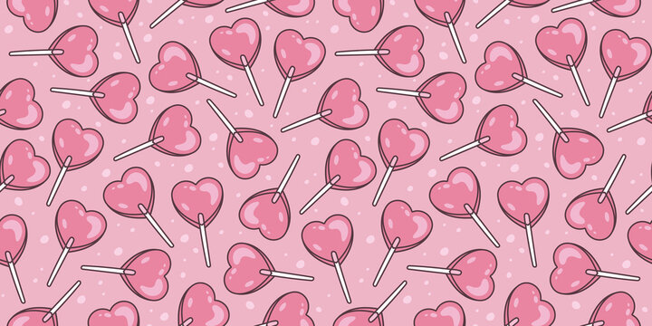 Sweet candy. Background with  pink heart shaped lollipop. Background for Valentine’s Day and romantic holidays.