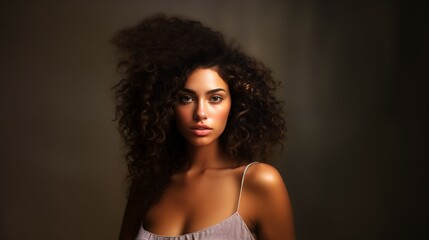 Fototapeta premium Young curly hispanic beauty with glowing perfect skin in open dress on dark neutral background