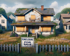 Foreclosed suburban house with a foreclosure for sale sign on the overgrown front yard and boarded up windows and doors.