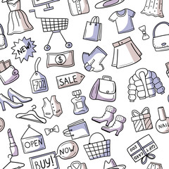 Market pattern doodle set of shopping collection items basket sale tags vector seamless background