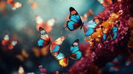 Fantastic background with butterflies and magical glowing stars on a black and purple background. Neon light. - obrazy, fototapety, plakaty