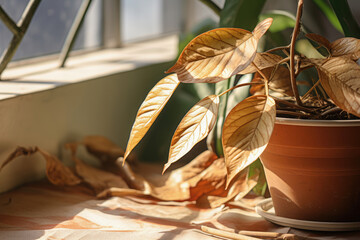 Wilted home flower leaves in clay pot, abandoned ornamental plants, home plants, improper care - obrazy, fototapety, plakaty