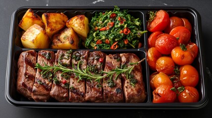 Food in a black divided catering plastic box, black clean background, top view, steak and...