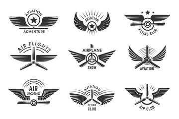 Avia badges. Pilot logotypes with stylized wings and place for personal text recent vector template © ONYXprj
