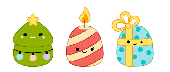 Christmas fir tree, burning candle, blue gift box with bow. Squishmallow. Pillow. Cartoon, kawaii, vector