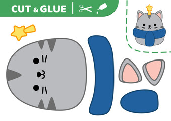Cat with scarf and star top. Cut and glue. Kawaii kitten. Squishmallow. Applique. Paper game. Vector
