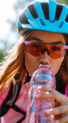 a woman wearing a helmet and sunglasses drinking from a bottle