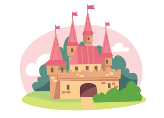 Obraz premium Vector illustration for children with fairy pink castle. Medieval fairytale magical magic fortress fort royal palace.