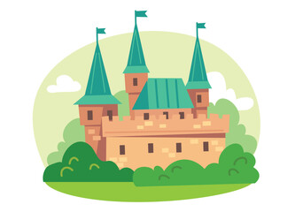 Fototapeta premium Vector illustration for children with fairy castle. Medieval fairytale magical magic fortress fort royal palace. Green roof.