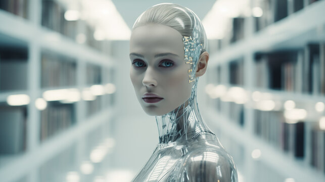 Weiblicher Android / K&uuml;nstliche Intelligenz / Roboter Frau steht in einer sehr hellen Bibliothek und blickt gedankenvoll. K&uuml;hle ruhige Stimmung.  Illustration