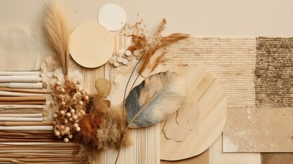 Sustainable Natural Materials and Textures Collage. variety of sustainable materials in neutral tones, including wood, dried plants, and textiles.