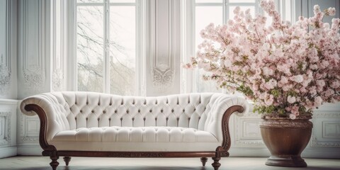 Antique furniture with white leather in a classic room featuring large window and blooming flowers in spring.