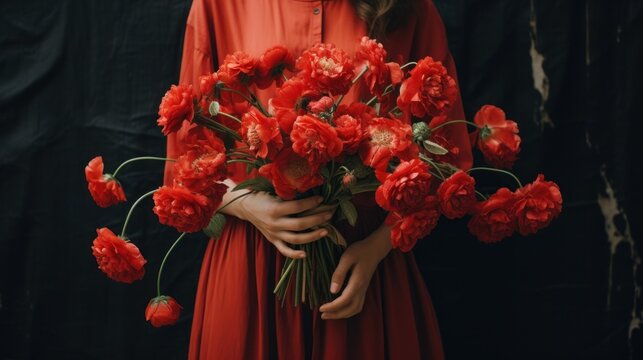 Faceless Woman in Red Holding a Bouquet of Red flowers. woman in red dress holds a lush bouquet of red flowers,