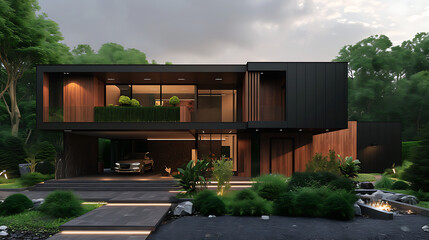 Obraz premium Modern luxury minimalist cubic house, villa with wooden cladding and black panel walls and landscaping design front yard. Residential architecture exterior