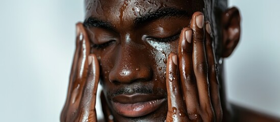 African American man maintains natural beauty with skincare routine. - obrazy, fototapety, plakaty