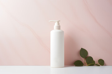 White cosmetics body lotion dispenser bottle mockup isolated on pink background, Generative AI