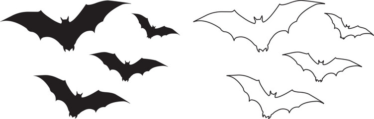Halloween Bats icon in flat, line set. isolated on transparent background Halloween concept Horrific black bats swarm Flying fox night creatures. bats traditional Horror group vector for apps web