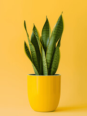 Snake plant in a pot isolated on yellow background