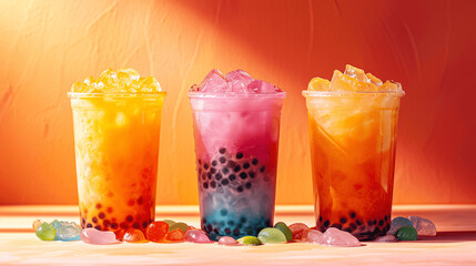 Assorted Bubble Teas in Vibrant Cups: Colorful and Flavorful Refreshments